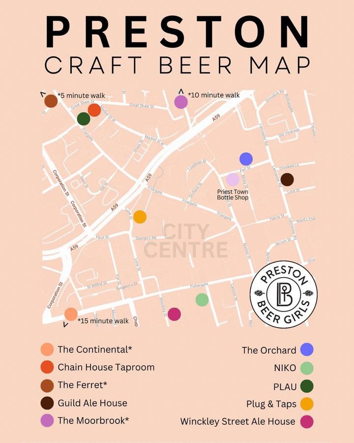 a peach coloured map of preston city centre with highlighted bars and pubs